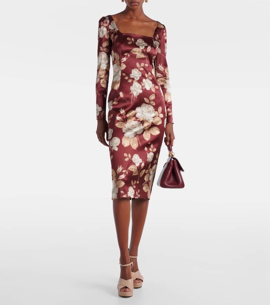 Dolce & Gabbana Floral Pattern Knee-length Dress With Long Sleeves In Burgundy