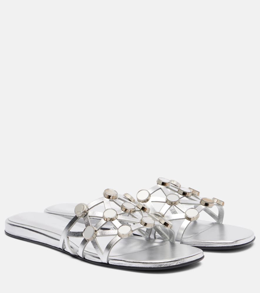 Grid embellished leather flat sandals