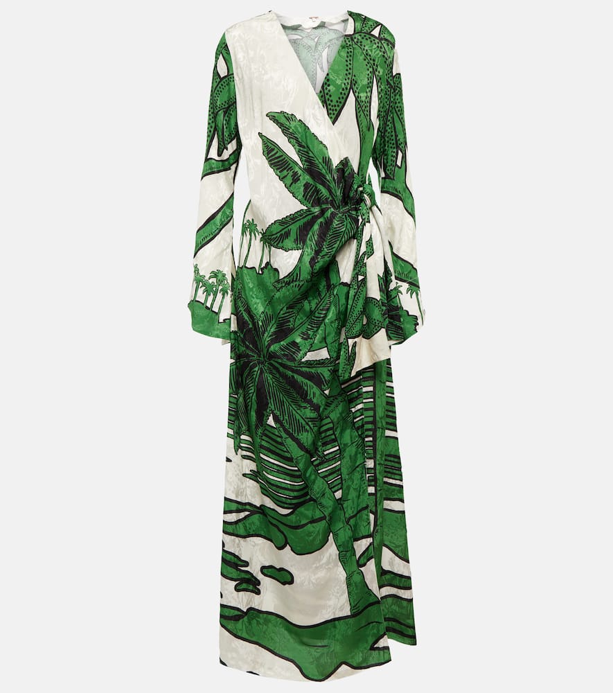 Johanna Ortiz + Net Sustain Gulf Of Guinea Printed Satin-jacquard Maxi Wrap Dress In Orinoco Ecru/juniper Green