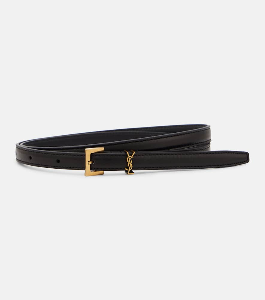 Shop Saint Laurent Cassandre Slim Leather Belt In Black