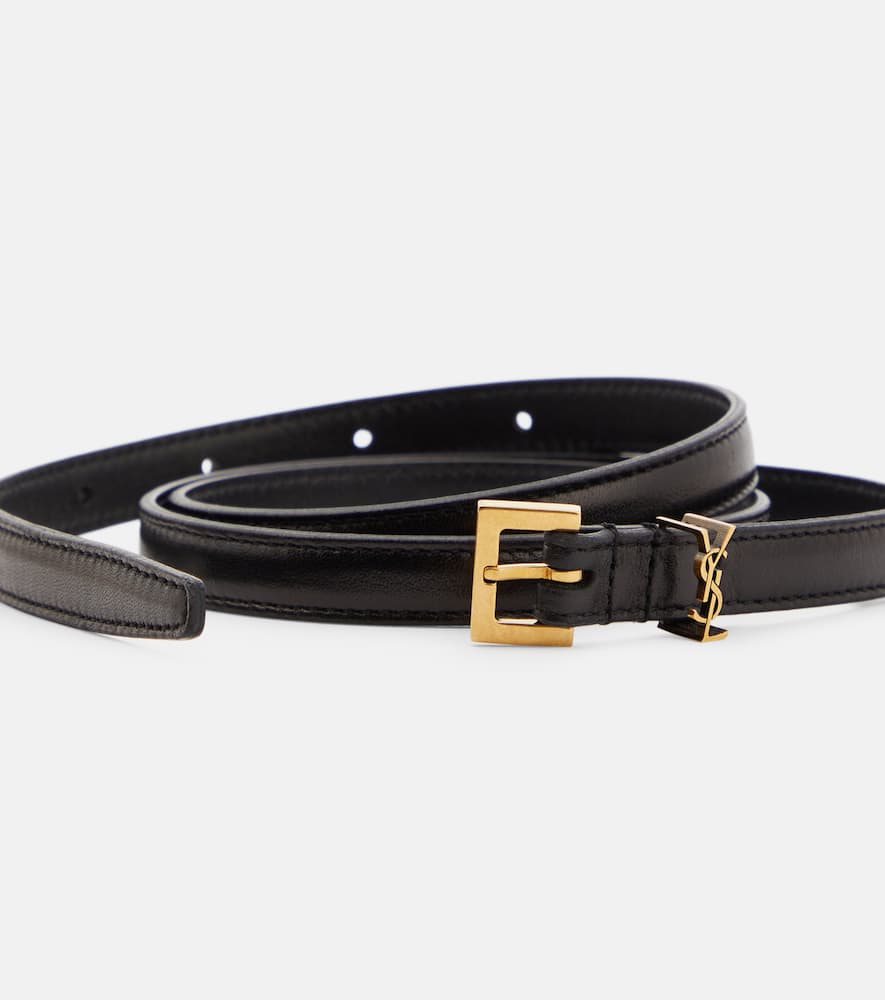 Shop Saint Laurent Cassandre Slim Leather Belt In Black