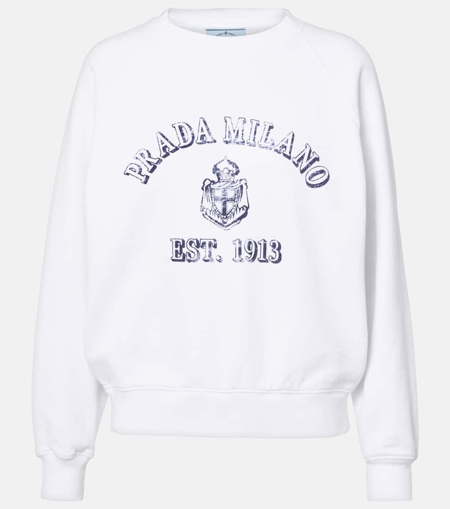 Prada Logo Print Crewneck Sweatshirt In Weiss