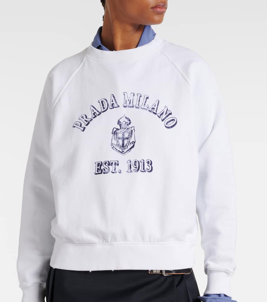 Prada Logo Print Crewneck Sweatshirt In Weiss