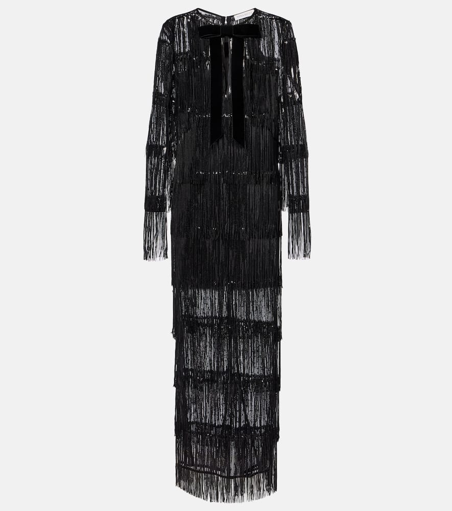 Nina Ricci Fringed Sequined Tulle Maxi Dress In Black