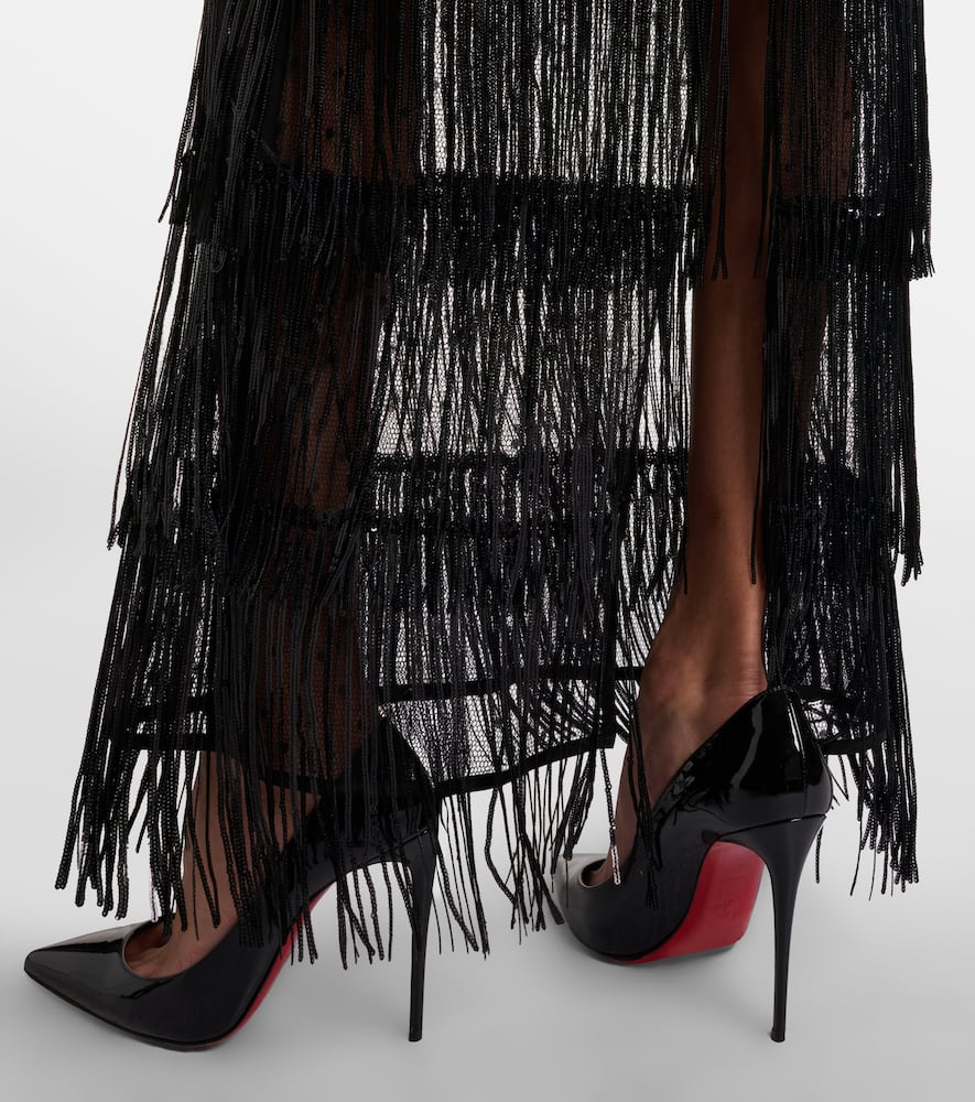 Nina Ricci Fringed Sequined Tulle Maxi Dress In Black