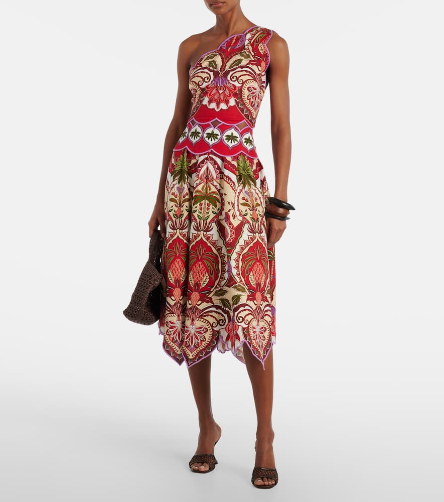 Farm Rio Odara One-shoulder Scalloped Printed Linen-blend Top In Multi