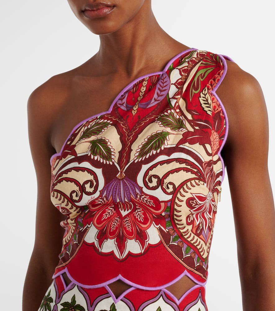 Farm Rio Odara One-shoulder Scalloped Printed Linen-blend Top In Multi
