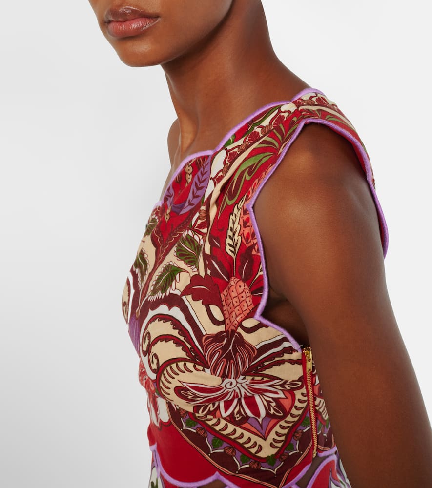 Farm Rio Odara One-shoulder Scalloped Printed Linen-blend Top In Multi