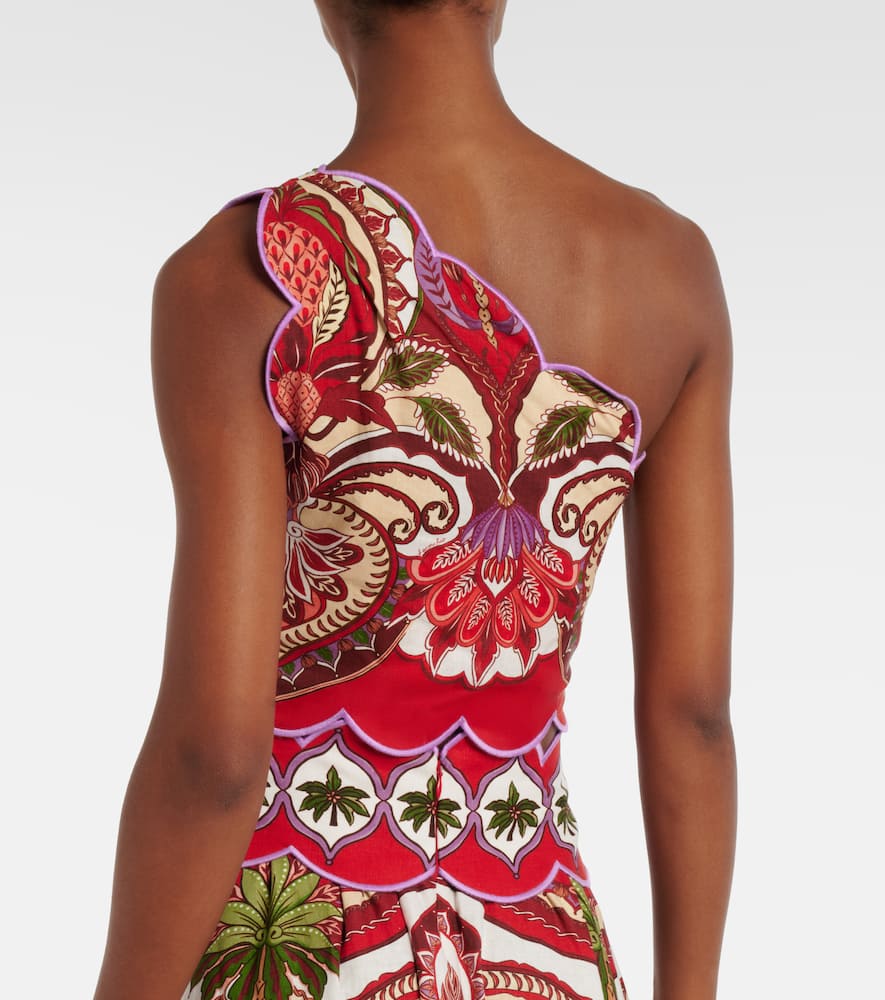 Farm Rio Odara One-shoulder Scalloped Printed Linen-blend Top In Multi