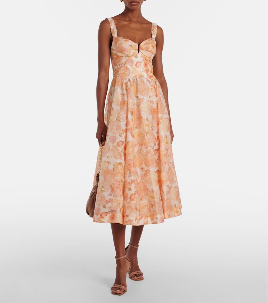 Zimmermann Rebellion Floral Linen And Silk Midi Dress In Orange