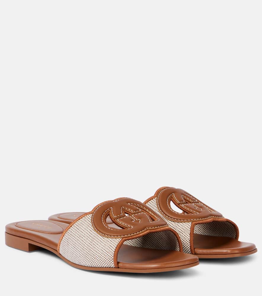 Interlocking G leather-trimmed slides