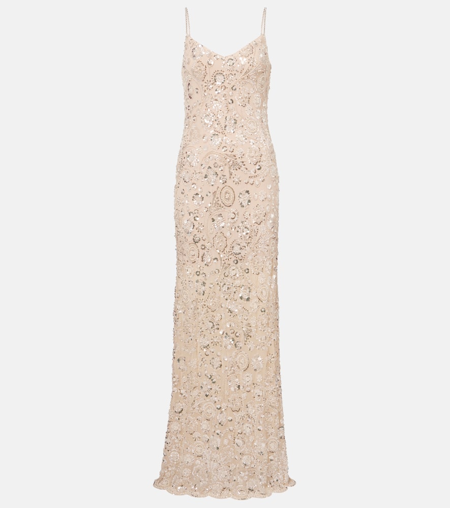 Self-portrait Sequined Floral Maxi Dress In Neutral