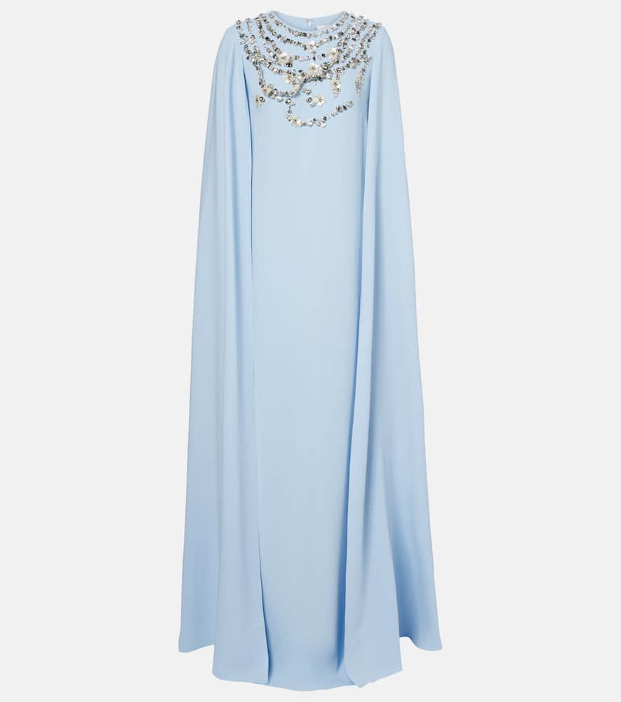 Oscar De La Renta Caped Embellished Silk-blend Gown In Blue