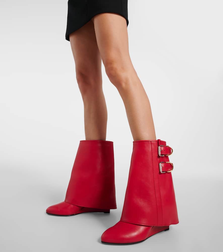 Shop Givenchy Shark Lock Buckles Leather Ankle Boots In Red