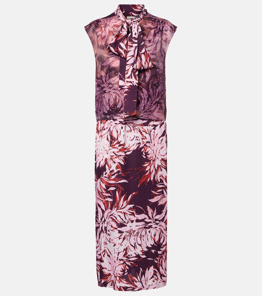 Dries Van Noten Printed Tie-neck Midi Dress In Brown