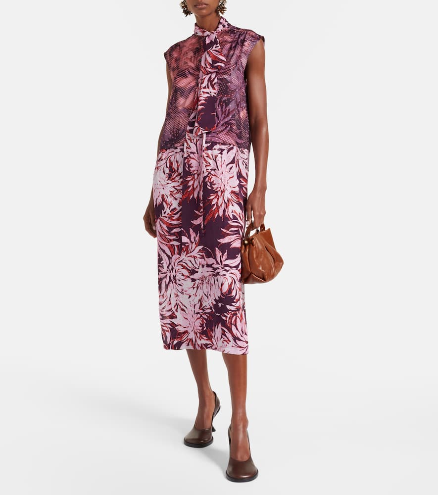 Dries Van Noten Printed Tie-neck Midi Dress In Brown