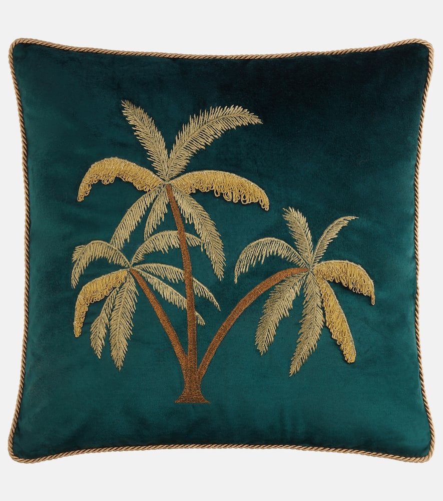 Les-ottomans Embroidered Cotton Velvet Cushion In Green