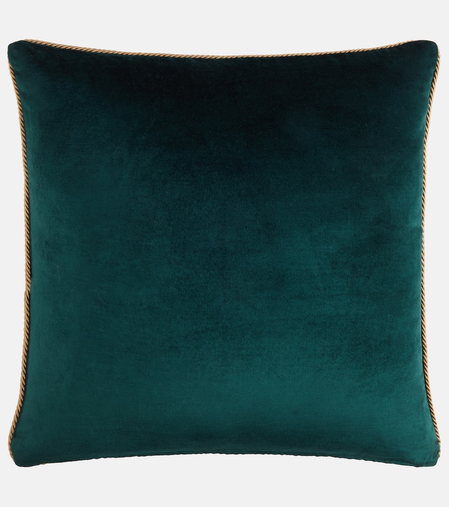 Les-ottomans Embroidered Cotton Velvet Cushion In Green