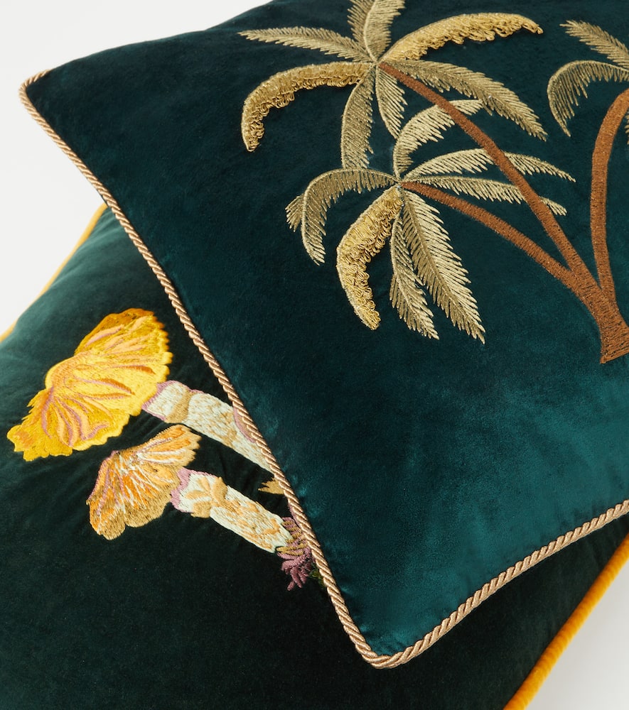 Les-ottomans Embroidered Cotton Velvet Cushion In Green
