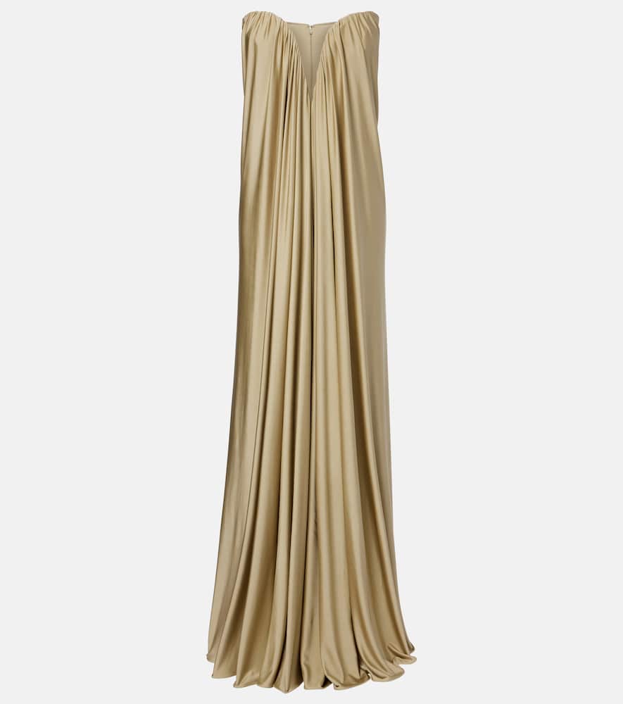 The New Arrivals Ilkyaz Ozel Olivienne Pleated Strapless Gown In Green