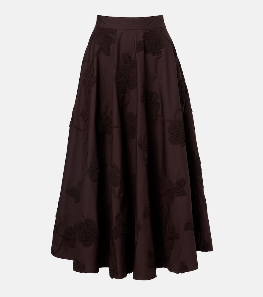 Rotate Birger Christensen Berty Embroidered Cotton Midi Skirt In Brown