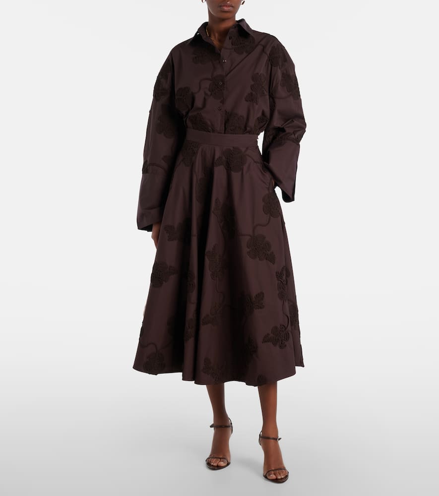 Rotate Birger Christensen Berty Embroidered Cotton Midi Skirt In Brown