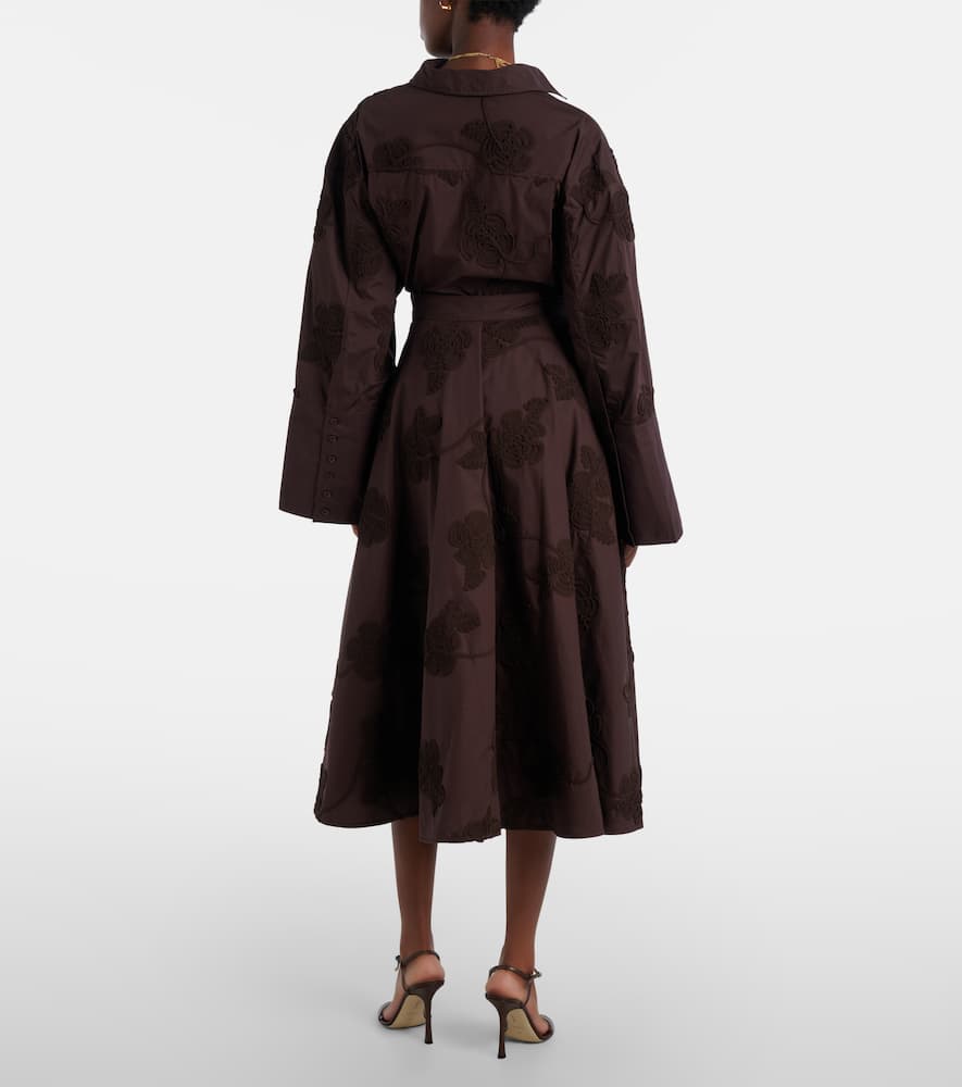 Rotate Birger Christensen Berty Embroidered Cotton Midi Skirt In Brown