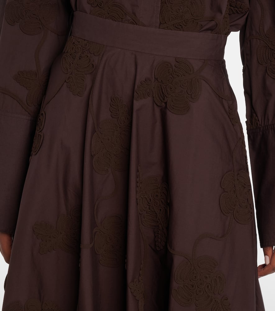 Rotate Birger Christensen Berty Embroidered Cotton Midi Skirt In Brown