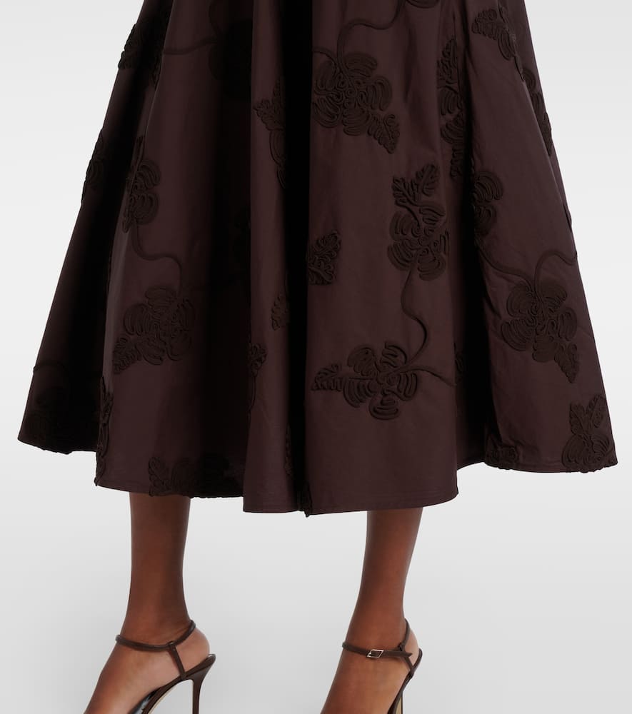 Rotate Birger Christensen Berty Embroidered Cotton Midi Skirt In Brown