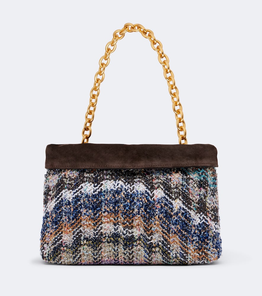 Schultertasche aus Strick mit Veloursleder