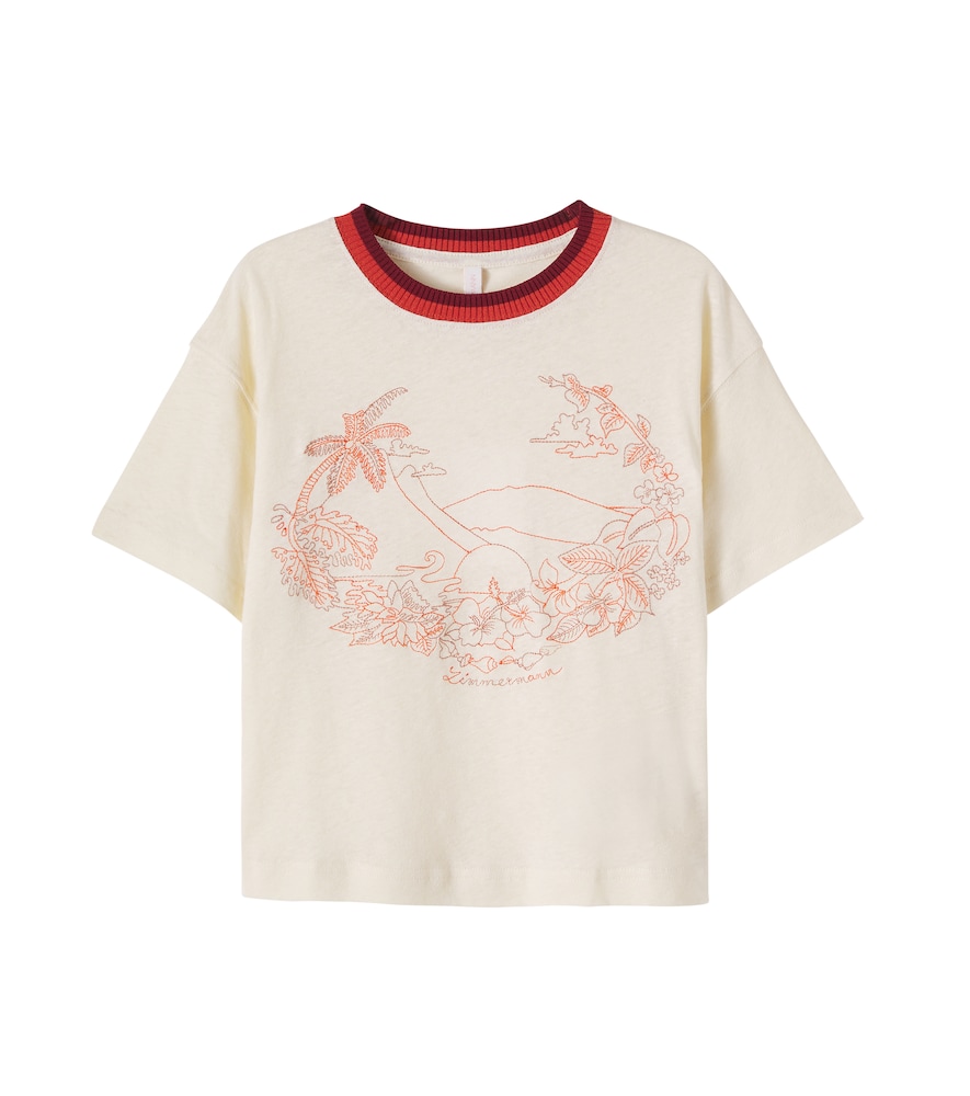 Zimmermann Mahon Embroidered Linen And Cotton T-shirt In Sand