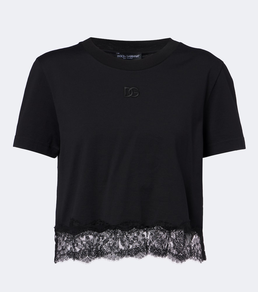 Dolce & Gabbana Lace-trimmed Cotton-blend T-shirt In Schwarz