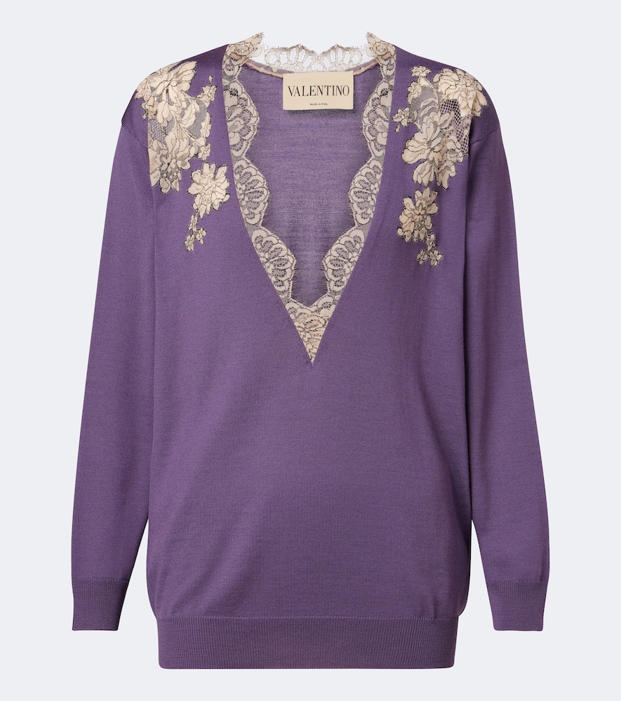 Pullover in lana vergine con pizzo
