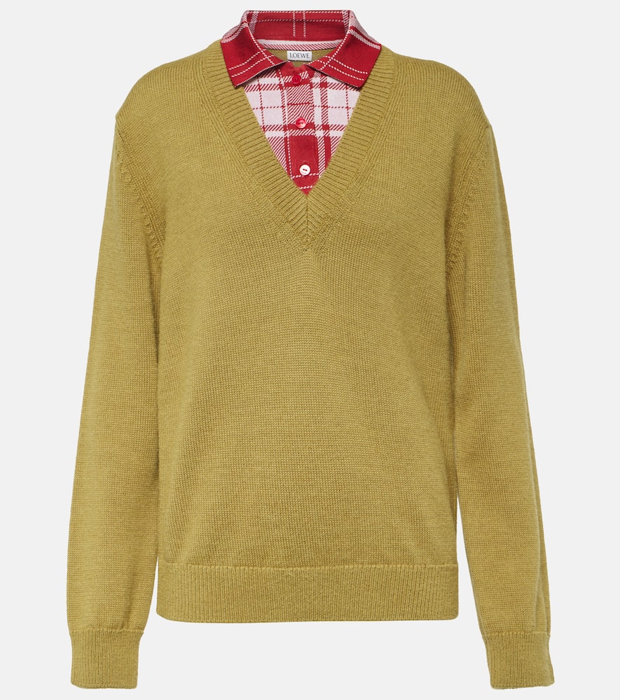 Loewe Paneled Checked Silk Blend-trimmed Knitted Sweater In Green
