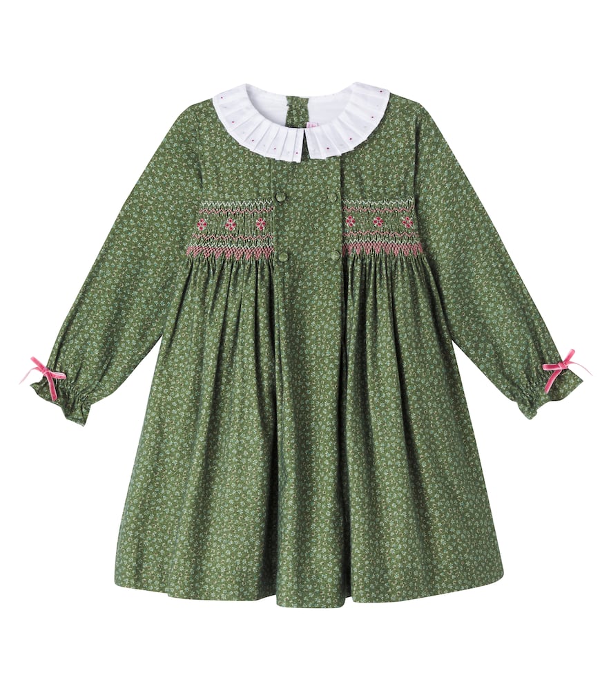 La Coqueta Magdalena Floral Smocked Cotton Dress In Green