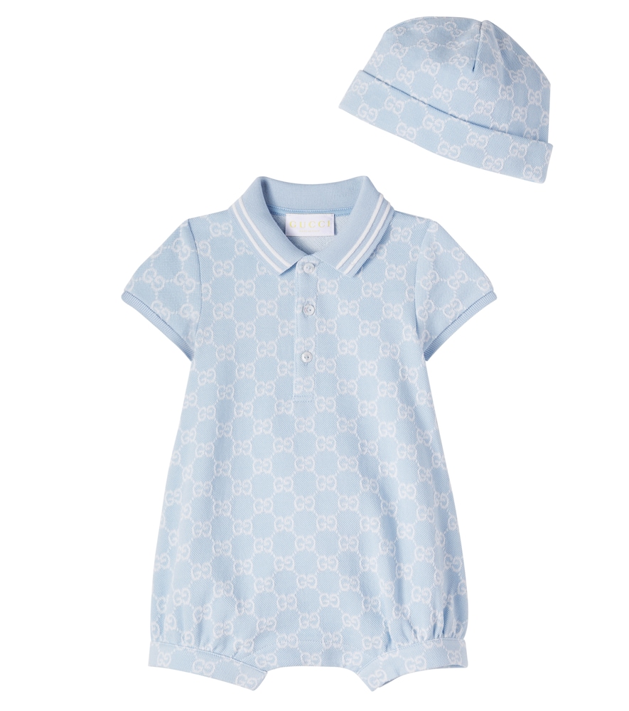 Gucci Kids Unisex Kids Blue Baby Gg Cotton Hat And Onesie Set - Mytheresa
