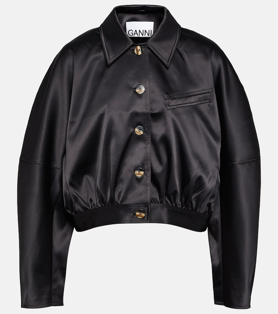 Ganni Long Sleeve Double Satin Short Jacket In Black