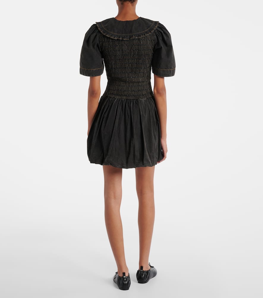 Ganni Cotton Dress With Puff Sleeves And Ruffled Collar In Blue