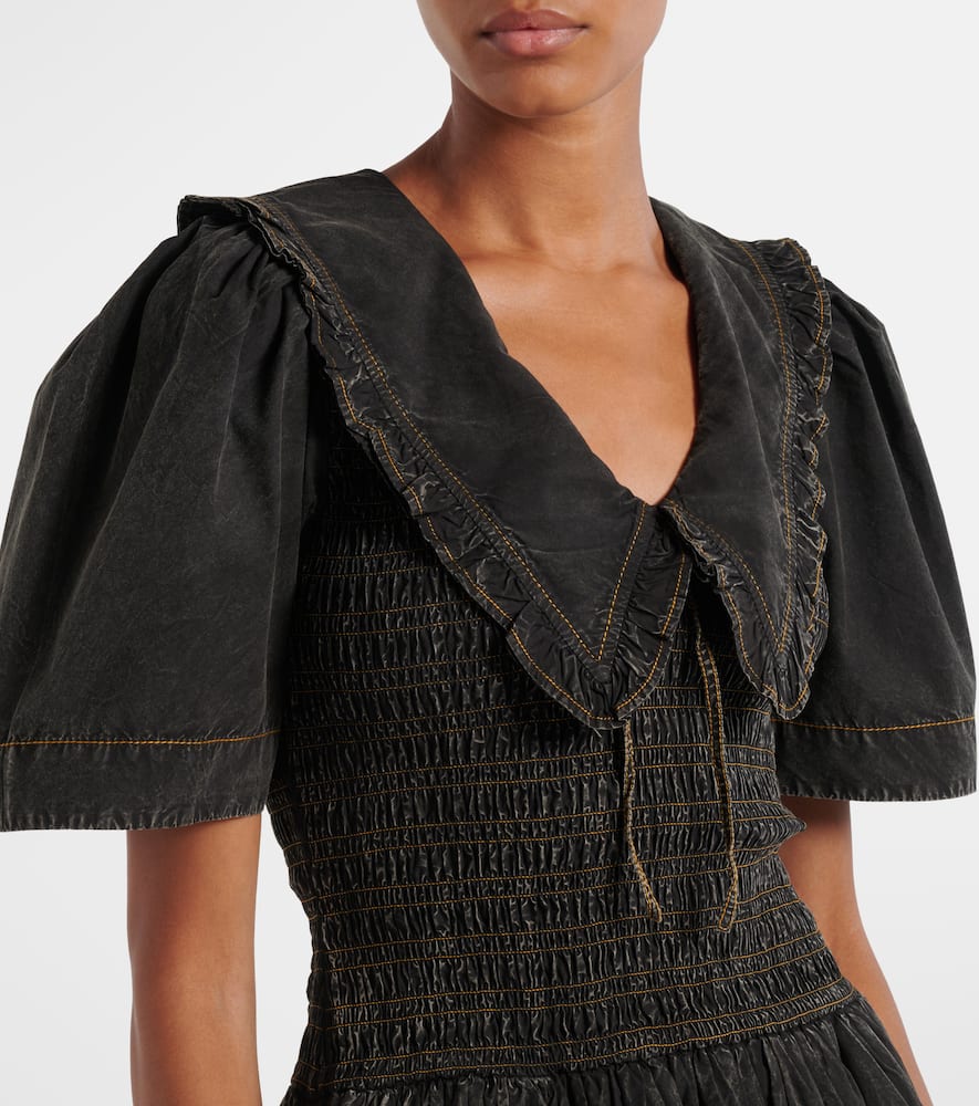 Ganni Cotton Dress With Puff Sleeves And Ruffled Collar In Blue
