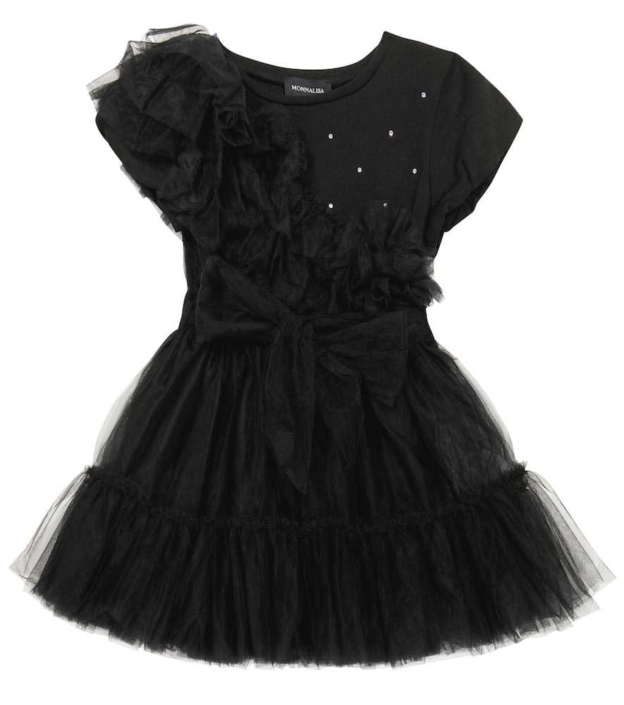 Monnalisa Embellished Tulle Dress In Nero