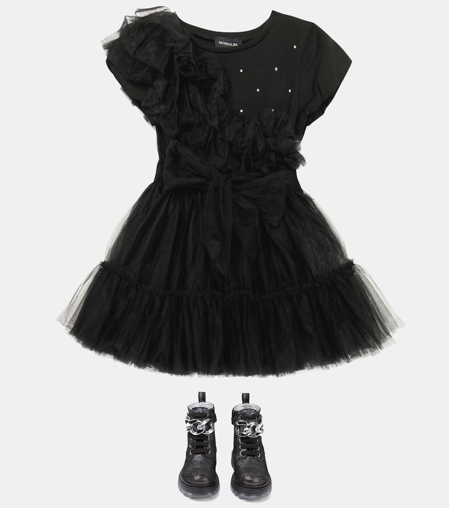 Monnalisa Embellished Tulle Dress In Nero