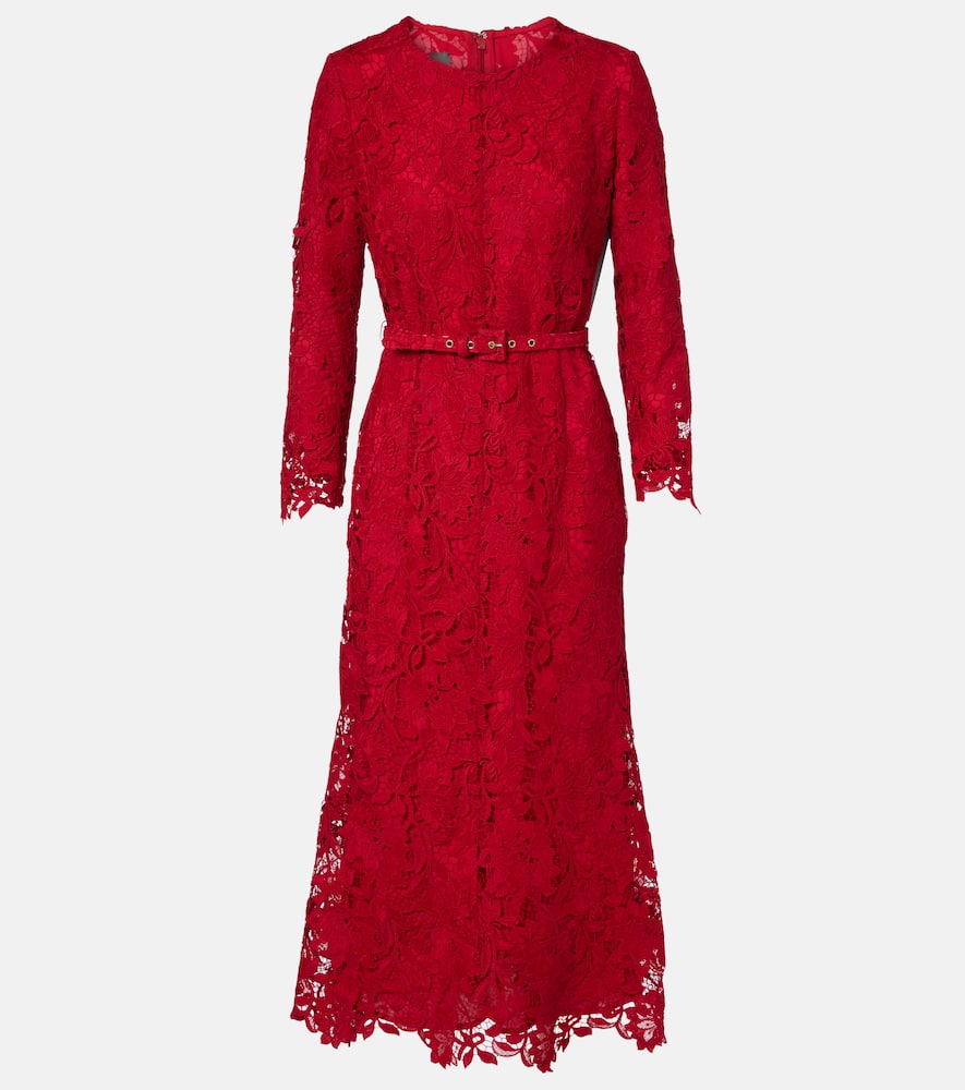 Monique Lhuillier Belted Lace Midi Dress In Red