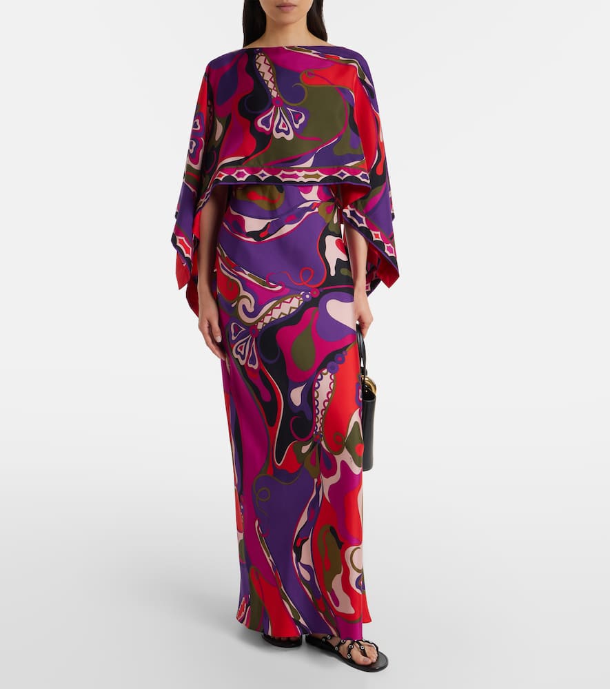Pucci Orchidee-print Cape-detail Maxi Dress In Multi