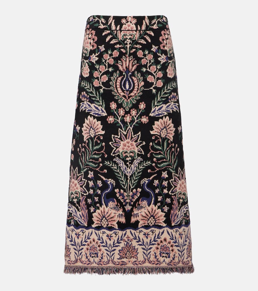 Farm Rio Marvelous Garden Fringed High-rise Midi Skirt In Black