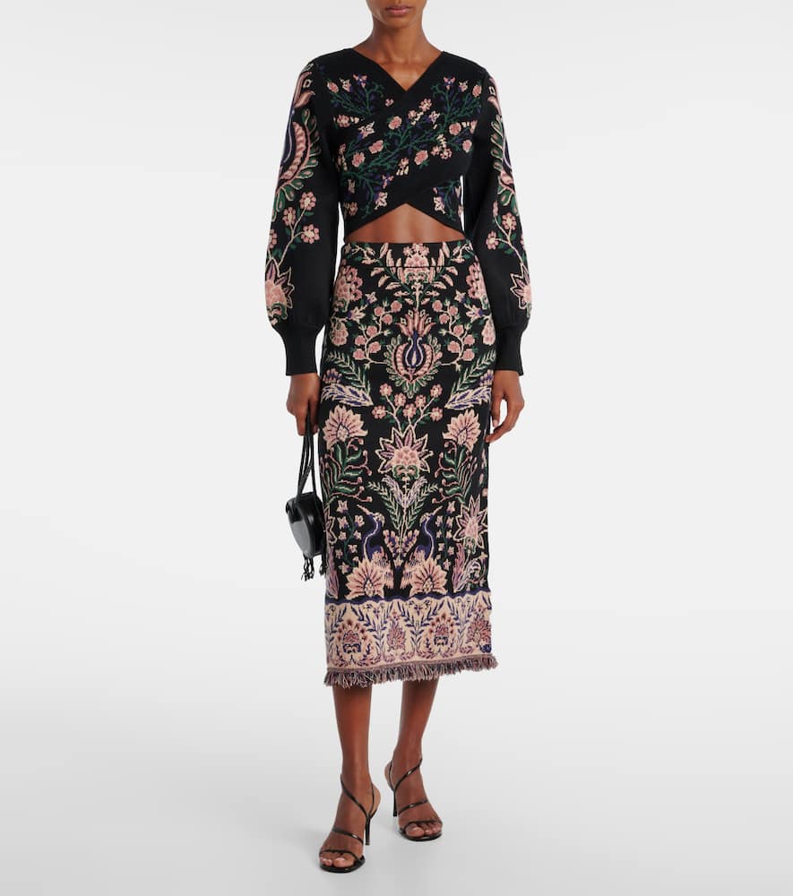 Farm Rio Marvelous Garden Fringed High-rise Midi Skirt In Black