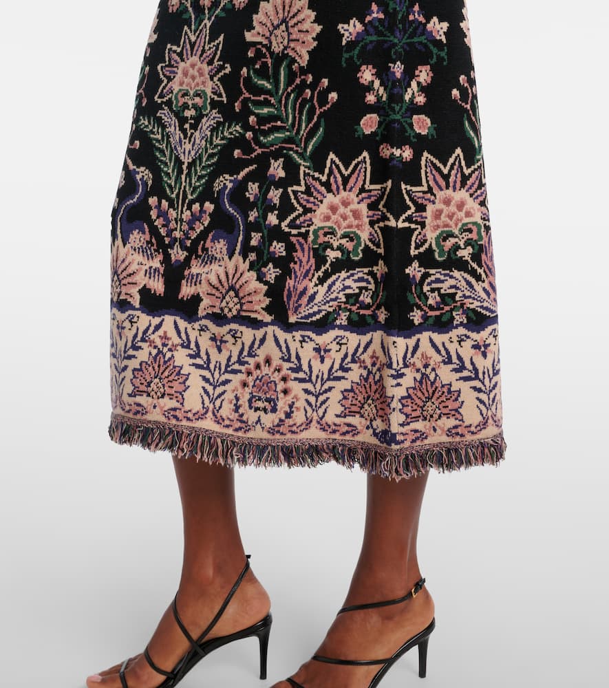 Farm Rio Marvelous Garden Fringed High-rise Midi Skirt In Black