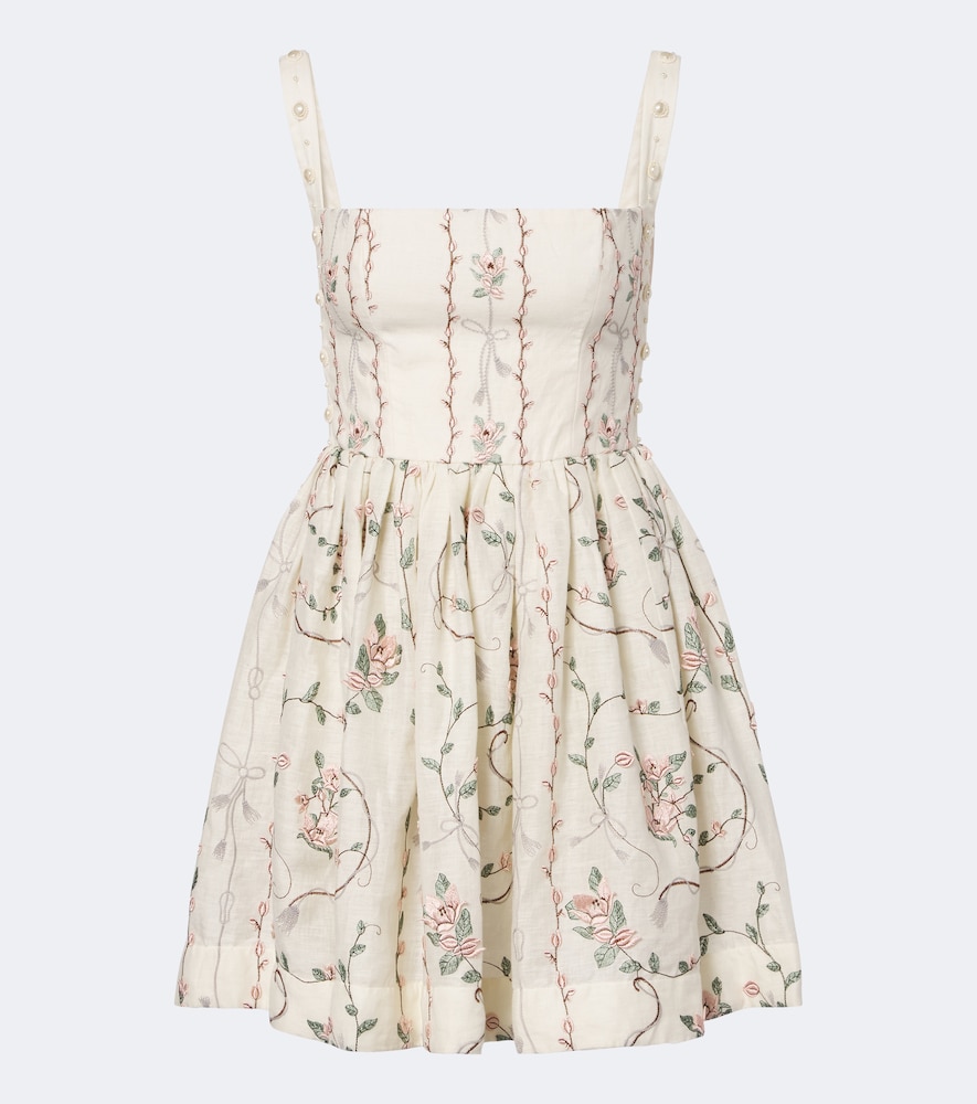 Agua By Agua Bendita Mielero Embroidered Floral Linen Minidress In Weiss