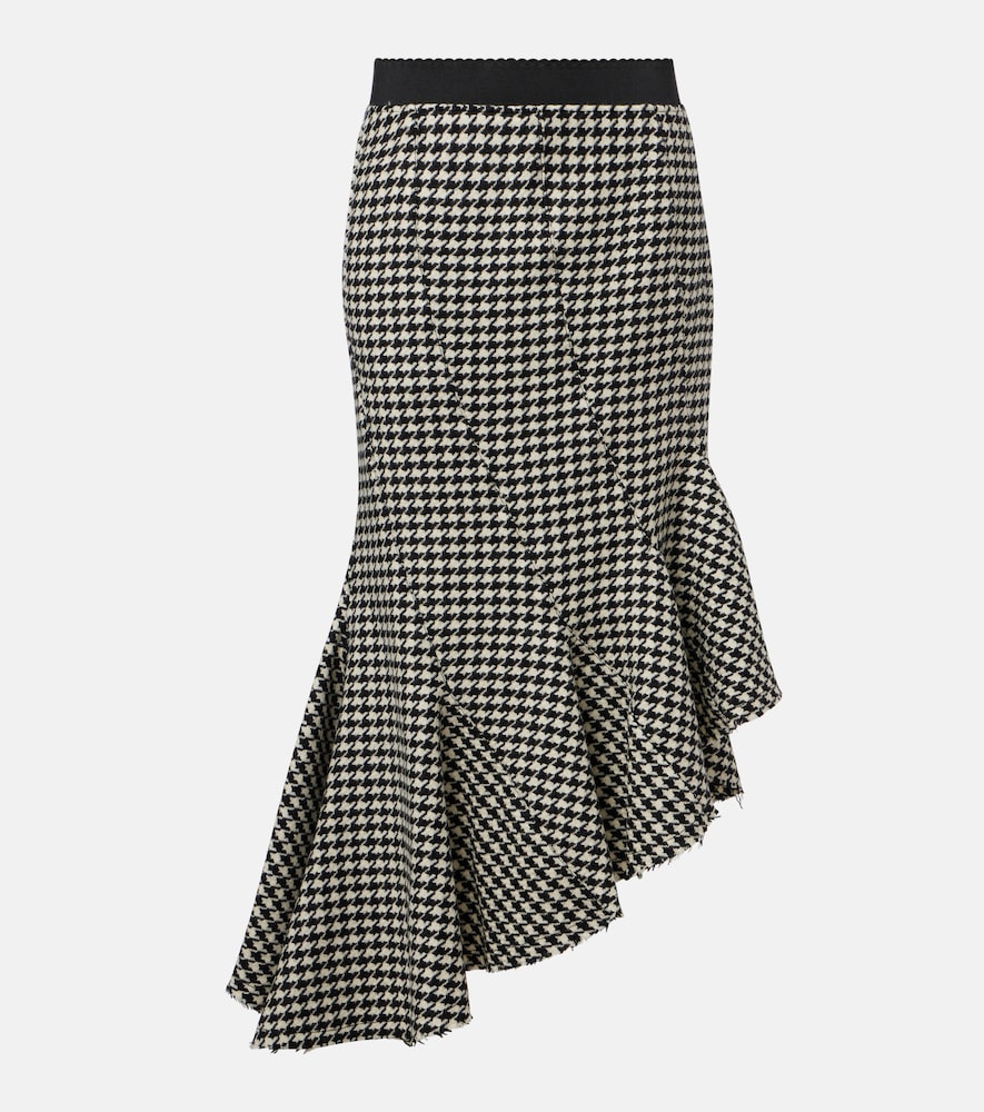 Attico Ruffled Houndstooth Virgin Wool Midi Skirt In Black
