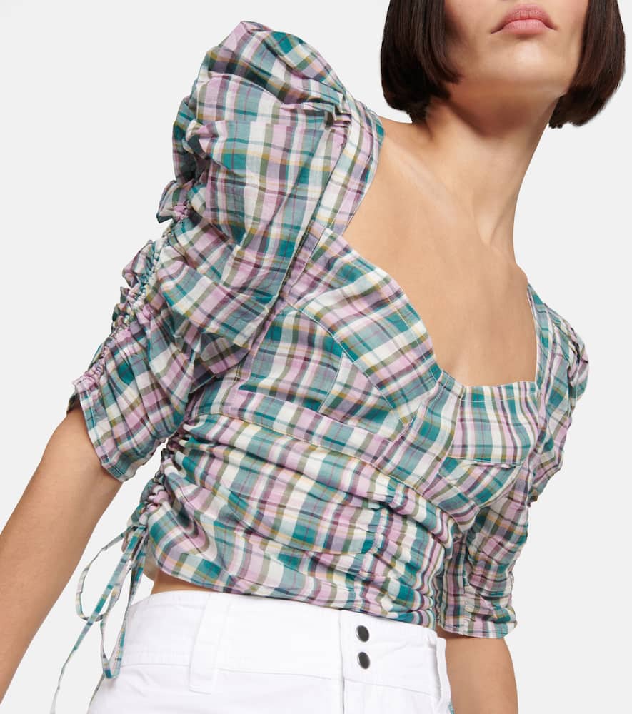 Isabel Marant Étoile Galaor Ruched Checked Cotton-voile Top In Celadon