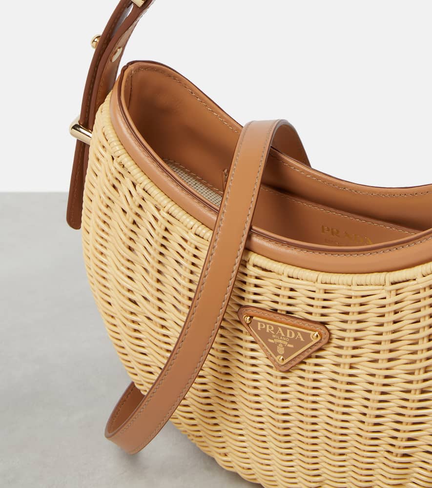 Prada Arqué Woven Leather-trimmed Shoulder Bag In Beige